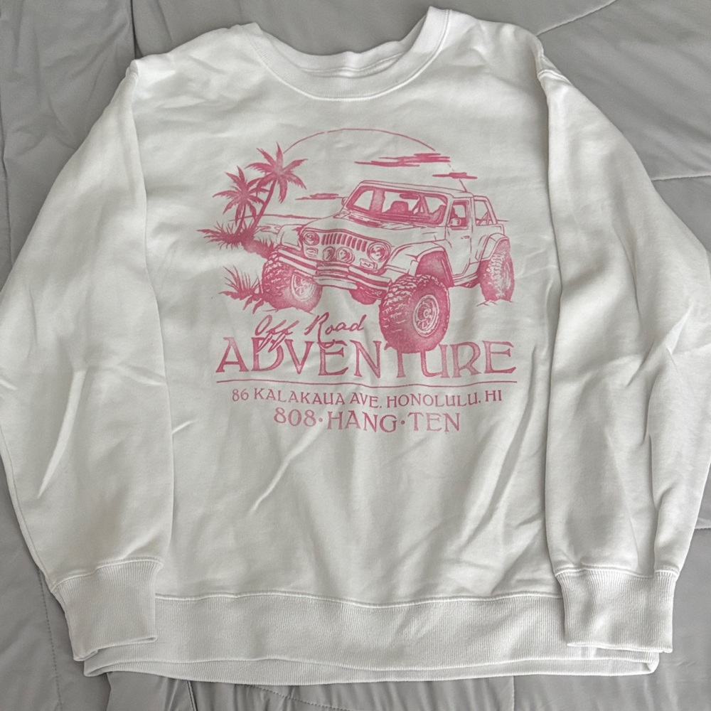 Hollister White and Pink Off-Road Adventure crewneck Sweatshirt